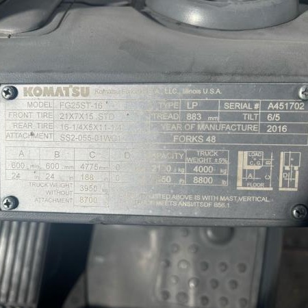 2016 Komatsu FG25ST-16 Pneumatic Tire Forklift